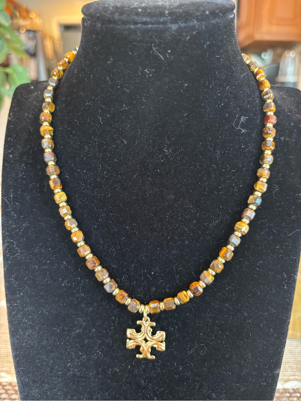 Tory Burch Gold Cross Pendant Brown Beaded Necklace